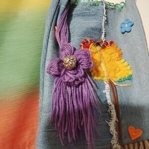 Handmade Denim Fringe Shoulder Bag with Colorful Accents And Purse Charm